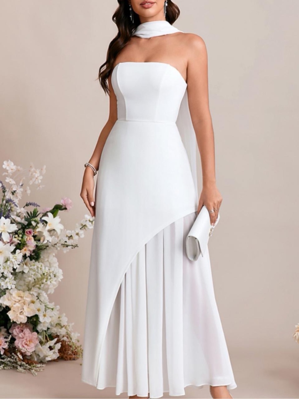 Strapless One-Shoulder White Evening Dress